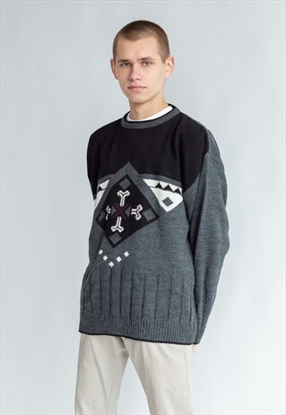 VINTAGE 80S CASUAL GREY JUMPER WITH PATTERN