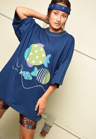 90S RETRO NOVELTY FISH PRINT OVERSIZED T-SHIRT TOP TEE