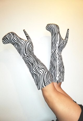 80S FAUX FUR ZEBRA PRINT KNEE HIGH HEELED BOOTS