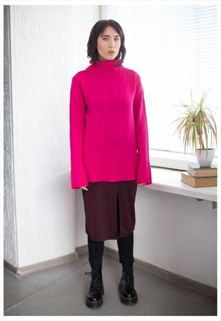 VINTAGE 90'S KNITTED HOT PINK HIGH COLLAR JUMPER