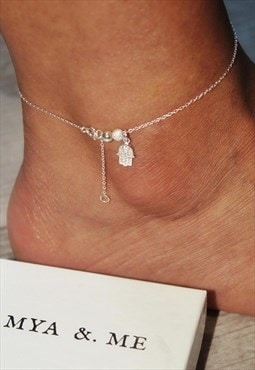 Hamsa Hand Anklet 925 Sterling Silver