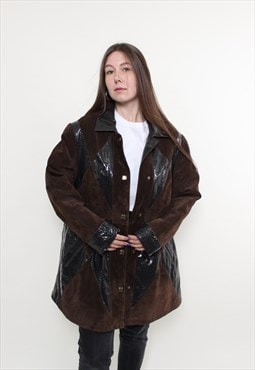 Vintage 80s leather overcoat, women retro fall brown coat