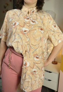 Vintage 80s Pastel Peach Floral Flowery Flowers Shirt Blouse