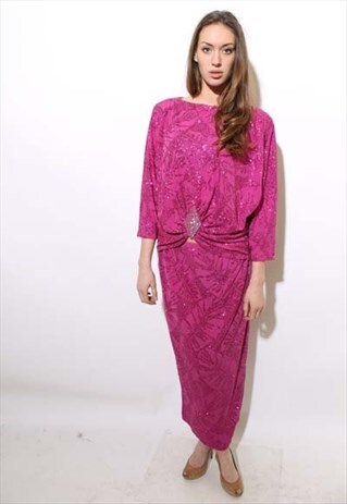 VINTAGE 1980'S 80'S FUCHSIA GLITTER DECO DRAPE ENSEMBLE L-XL