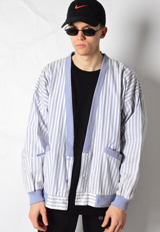 VINTAGE 80S WHITE GREY STRIPED LIGHTWEIGHT COTTON CARDIGAN