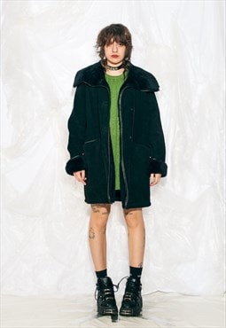 Vintage Y2K Leather Coat in Black with Faux Fur Lining
