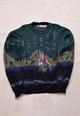 Vintage 90s Green Fisherman Embroidered Knit Jumper 