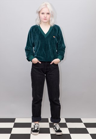 VINTAGE GREEN VELOURS EMBROIDERED LOGO SWEATSHIRT JUMPER