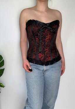 Vintage 90s corset top embroidered dragon in red and black