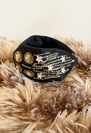 EMBELLISHED SEQUIN HEADBAND, HANDMADE BLACK HEADBAND