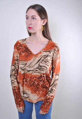 90S ANIMAL PRINT BLOUSE, VINTAGE WOMEN LEOPARD BLOUSE