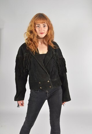 VINTAGE BLACK SUEDE WESTERN COWBOY TASSELED FRINGE JACKET