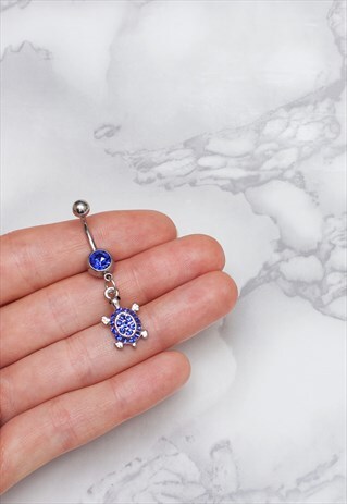 TURTLE BELLY BAR BLUE CRYSTAL GEM DANGLING NAVEL JEWELRY
