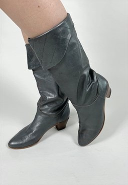 80's Vintage Grey Metallic Leather Ladies Boots Size 38/5