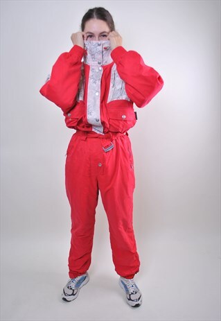 90S RED PATTERN SKI SUIT, WINTER SNOW JUMPSUIT FOR SNOWBOARD