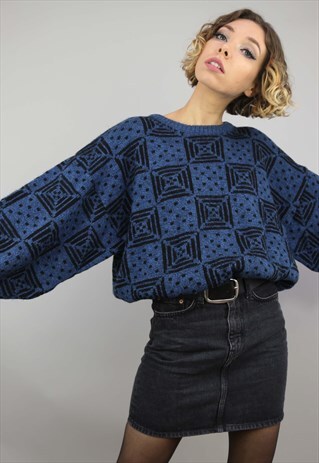 VINTAGE 80S 90S OVERSIZED PATTERNED KNIT JUMPER