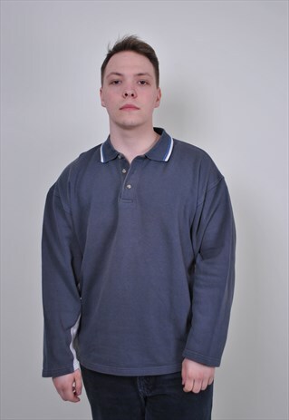 90S GREY LONG SLEEVE POLO, VINTAGE MINIMALIST SWEATSHIRT