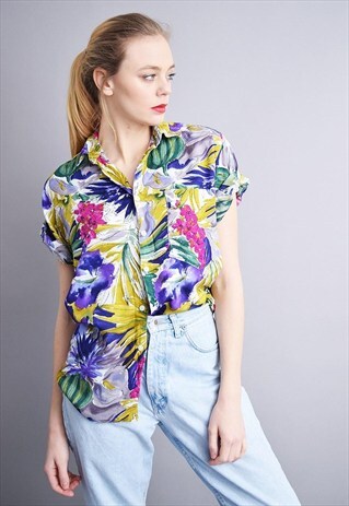 90'S RETRO FLORAL PATTERN PRINT OVERSIZED SHIRT TOP