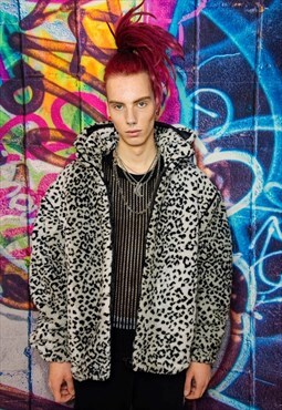 Leopard fleece hooded jacket handmade tie-dye fluffy bomber
