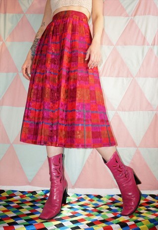 VINTAGE 80S PINK / PURPLE SATIN PLAID MIDI SKIRT