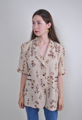 80S BEIGE FLORAL BOHO BLAZER WITH SHORT SLEEVE, SIZE L