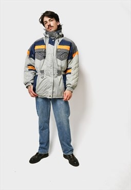 80s vintage warm ski jacket grey winter padded hooded coat