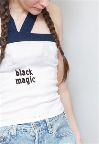 VINTAGE 1970'S WHITE & BLUE SLOGAN HALTER TOP