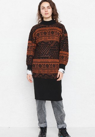 VINTAGE BLACK BROWN LONG SLEEVE MIDI KNIT DRESS