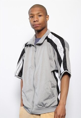VINTAGE ADIDAS FULL ZIP SHORT SLEEVE LOGO TRACK JACKET GREY