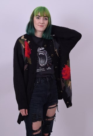 VINTAGE 90'S BLACK RED ROSE PATTERN OVERSIZED CARDIGAN LARGE