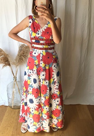 VINTAGE 70S RED COTTON FLORAL MAXI DRESS