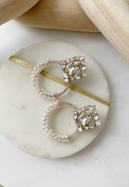 Gold Faux Pearl Hoop Circle Round Diamante Earrings