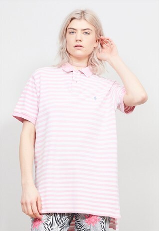 VINTAGE 90'S POLO RALPH LAUREN OVERSIZE PINK STRIPE POLO TEE
