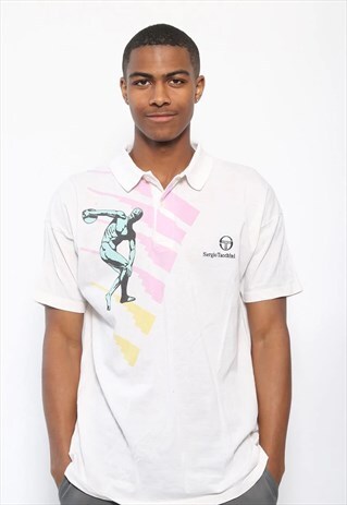 VINTAGE SERGIO TACCHINI PATTERN LOGO POLO SHIRT WHITE