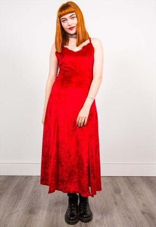 VINTAGE 90'S RED VELVET SLIT MAXI DRESS
