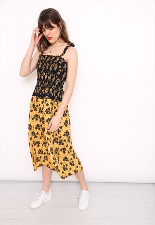 VINTAGE 90S BLACK ORANGE FLORAL BOHO SUMMER MIDI DRESS