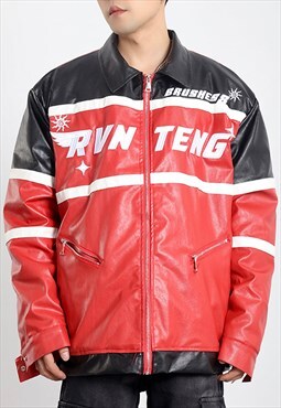 Red faux leather Embroidered Oversized Racing jacket Y2k