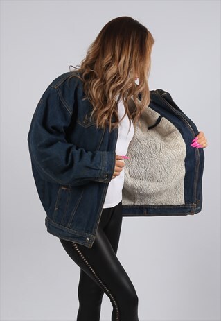 VINTAGE SHERPA LINED DENIM JACKET OVERSIZED UK 16 XL (B3U)