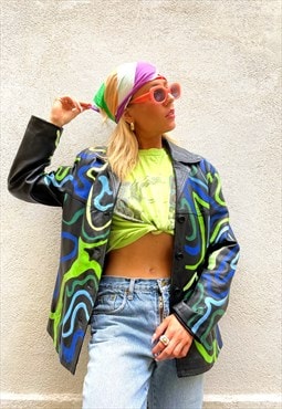 Oversized leather jacket in black with psychedelic prints