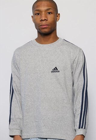 VINTAGE ADIDAS LONG SLEEVE T-SHIRT TOP LOGO GREY