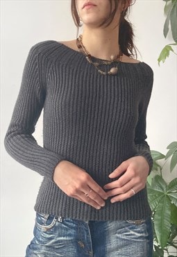 Vintage 00's Winter Grey Ribbed Chunky Knit Jumper Sweater