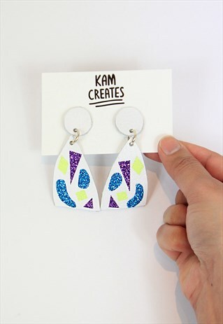 PLAYFUL SHAPES REAL LEATHER EARRINGS IN WHITE WITH GLITTER