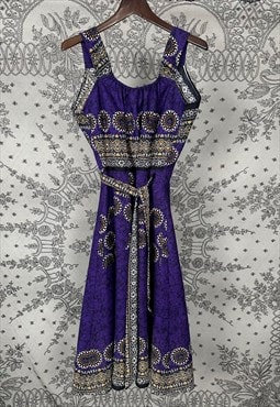 70's Vintage Ladies Purple Hippy Folk Wrap Batik Dress 