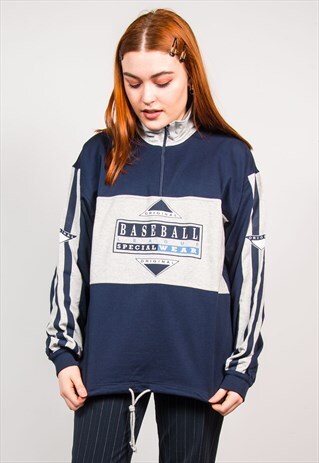 VINTAGE 90'S NAVY BLUE BASEBALL QUARTER ZIP SWEATSHIRT