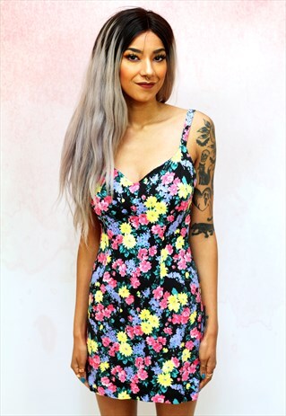 1990S VINTAGE BRIGHT FLORAL MINI STRETCH BODYCON DRESS
