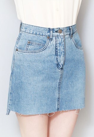 VINTAGE 1980'S JOHN F GEE BLUE DENIM MINI RAW HEM SKIRT
