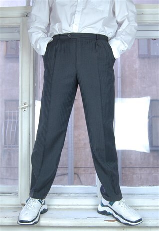 VINTAGE CLASSIC DARK GREY ABSTRACT STRAIGHT TROUSERS