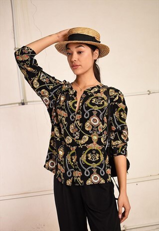 90'S RETRO ABSTRACT PRINT PARIS CHIC FESTIVAL SHIRT TOP
