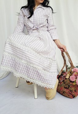 90s vintage lilac check Country Milkmaid skirt blouse set
