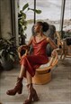 RUST RED SATIN FLOATY MIDI SKIRT